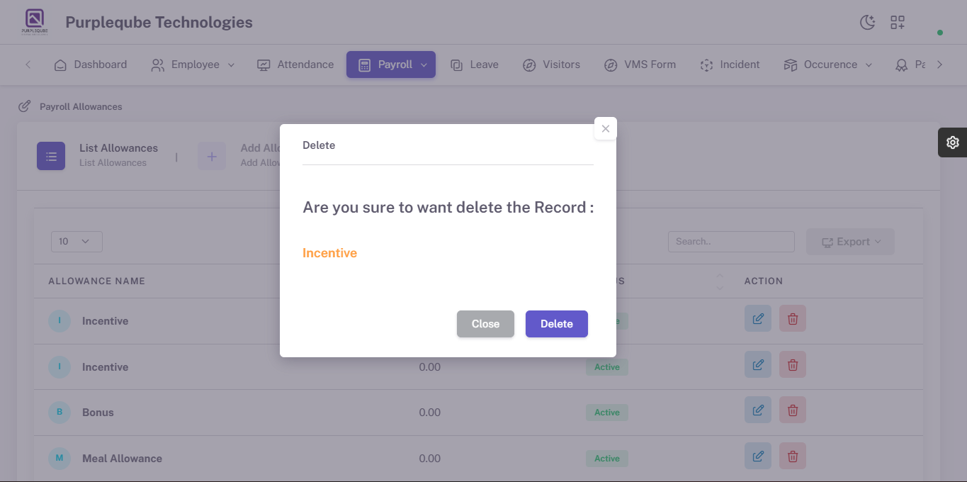 Delete confirmation dialog asking Are you sure to want delete the Record with allowance name Incentive highlighted in orange